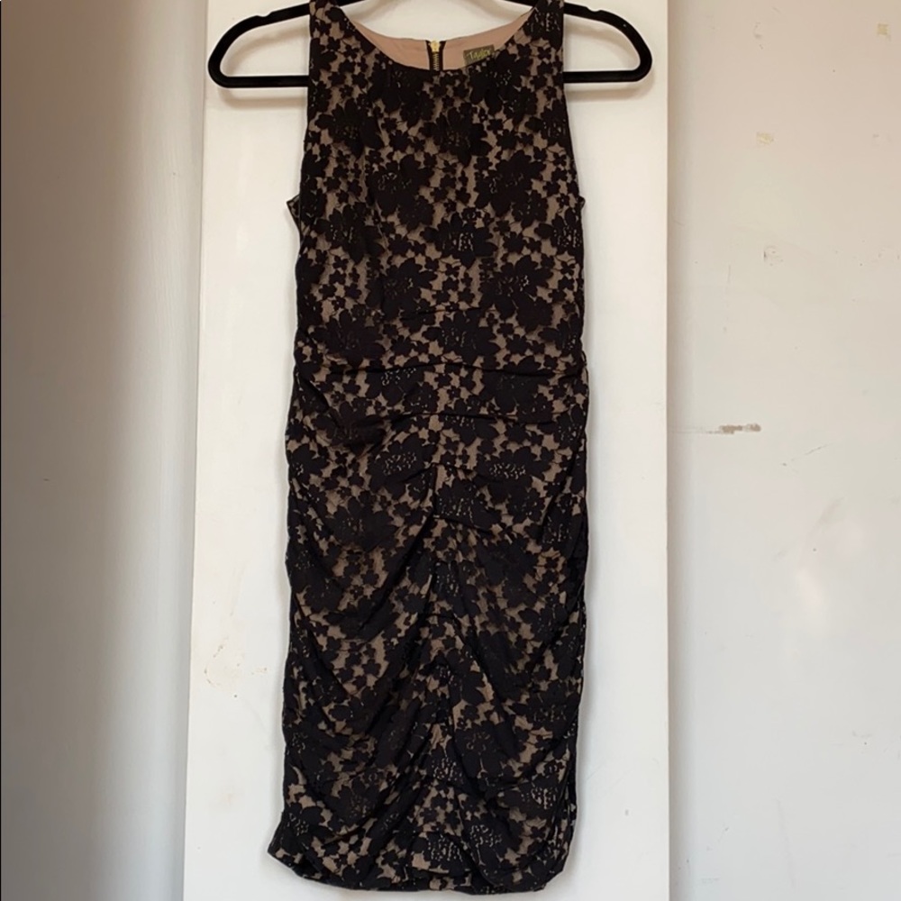 Form Fitting Black Lace Dress with Ruching - Picture 3 of 8